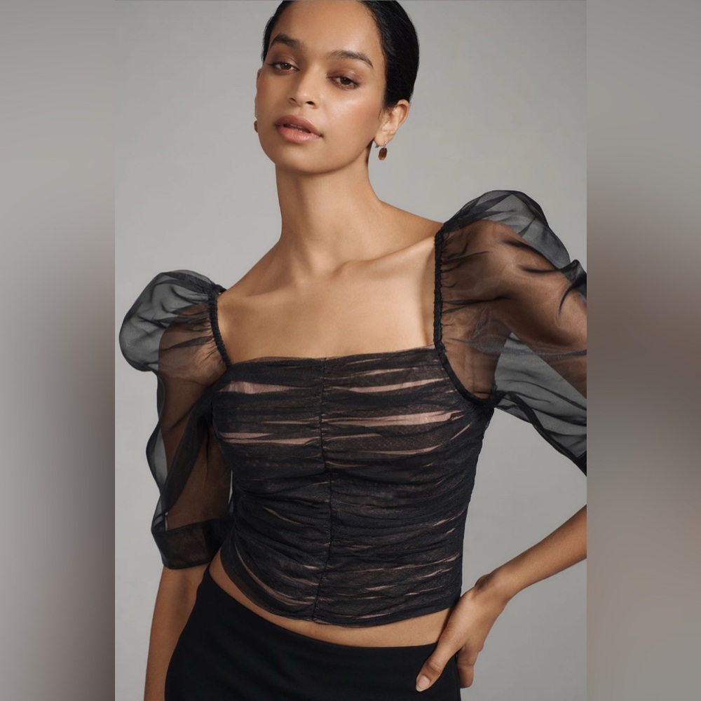 ✨ Anthropologie Puff-Sleeve Embellished Tulle Top Sz L